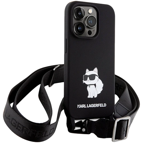 Чехол LAGERFELD Crossbody Liquid silicone NFT Choupette +Strap Hard Чёрный для iPhone 15 Pro Max