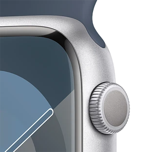 Apple Watch Series 9 GPS, 45 мм, корпус - серебристый, спортивный силиконовый ремешок синего цвета S/M