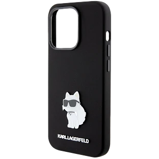 Lagerfeld для iPhone 15 Pro чехол Liquid silicone NFT Choupette metal pin Hard Black