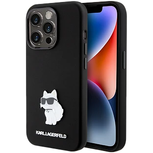 Lagerfeld для iPhone 15 Pro чехол Liquid silicone NFT Choupette metal pin Hard Black