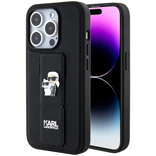 Чехол LAGERFELD GripStand PU Saffiano NFT Karl & Choupette metal Hard Чёрный для iPhone 15 Pro