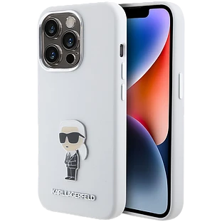 Lagerfeld для iPhone 15 Pro чехол Liquid silicone NFT Karl Ikonik metal pin Hard White