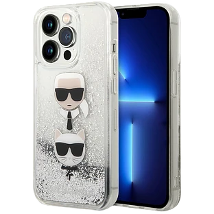 Lagerfeld для iPhone 14 Pro чехол Liquid Glitter Karl & Choupette heads Hard Silver