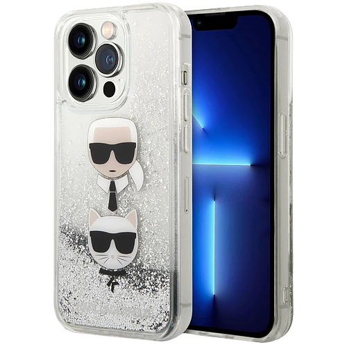 Lagerfeld для iPhone 14 Pro чехол Liquid Glitter Karl & Choupette heads Hard Silver