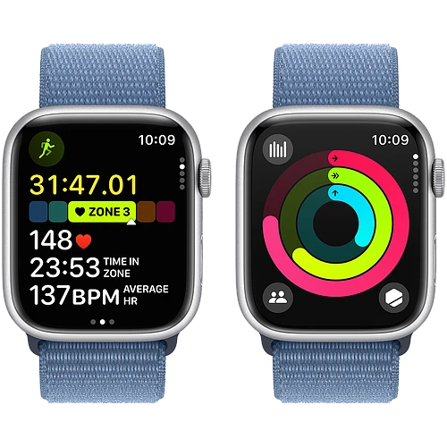 Apple Watch Series 9 GPS, 45 мм, корпус - серебристый, спортивный нейлоновый ремешок синего цвета