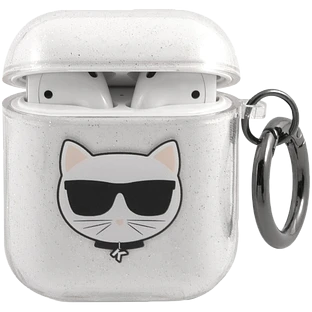 Lagerfeld для Airpods 1/2 чехол TPU Glitters with ring Choupette Transp Silver