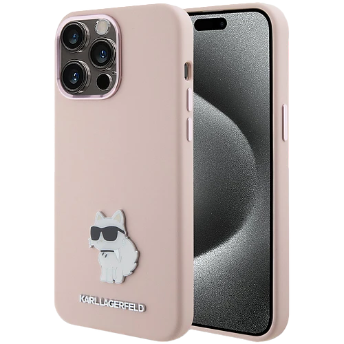 Lagerfeld для iPhone 15 Pro чехол Liquid silicone NFT Choupette metal pin Hard Pink
