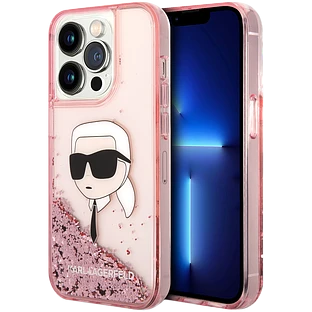 Lagerfeld для iPhone 14 Pro Max чехол Liquid Glitter NFT Choupette head Hard Pink
