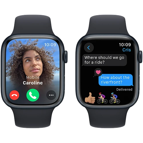 Apple Watch Series 9 GPS, 45 мм, корпус - темная ночь, спортивный силиконовый ремешок черного цвета S/M