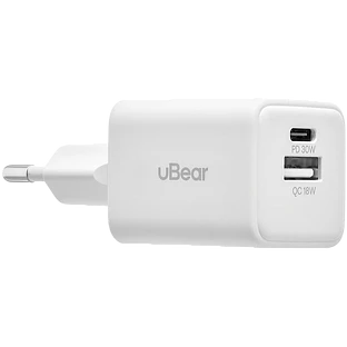 Cетевое зарядное устройство uBear Bridge USB-C, 30 Вт, GaN + Super Fast Charging, белый