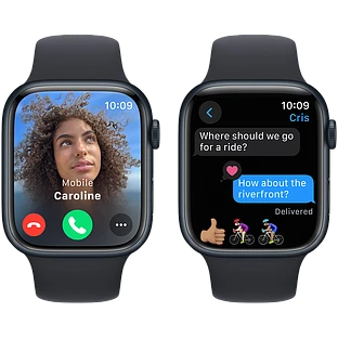 Apple Watch Series 9 GPS, 45 мм, корпус - темная ночь, спортивный силиконовый ремешок черного цвета S/M