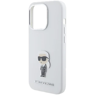 Lagerfeld для iPhone 15 Pro чехол Liquid silicone NFT Karl Ikonik metal pin Hard White