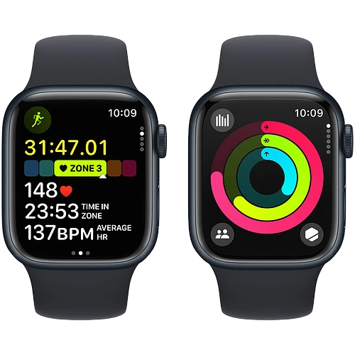 Apple Watch Series 9 GPS, 41 мм, корпус - темная ночь, спортивный силиконовый ремешок черного цвета M/L