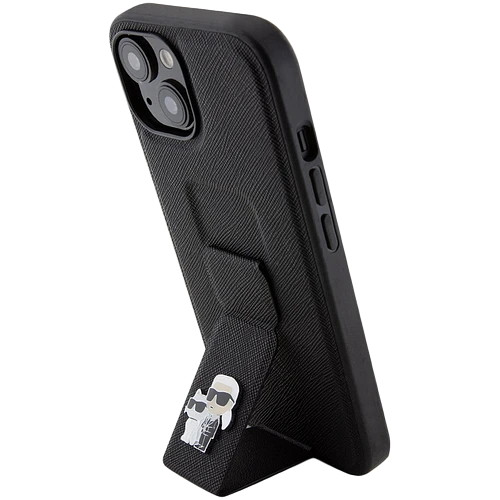 Чехол LAGERFELD GripStand PU Saffiano NFT Karl & Choupette metal Hard Чёрный для iPhone 15