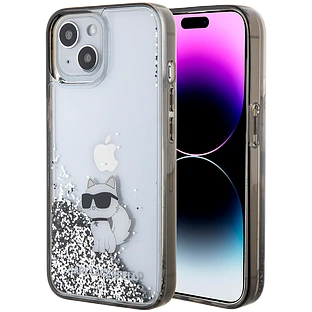 Чехол LAGERFELD Liquid Glitter NFT Choupette Hard Прозрачный чёрный для iPhone 15
