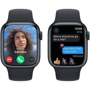 Apple Watch Series 9 GPS, 41 мм, корпус - темная ночь, спортивный силиконовый ремешок черного цвета M/L