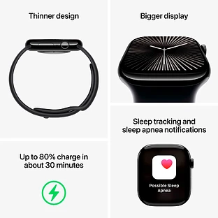 Apple Watch Series 10 GPS  Черный спортивный ремешок, M/L, 42мм, Оникс