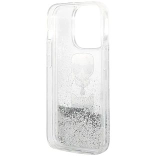 Lagerfeld для iPhone 14 Pro чехол Liquid Glitter Karl & Choupette heads Hard Silver