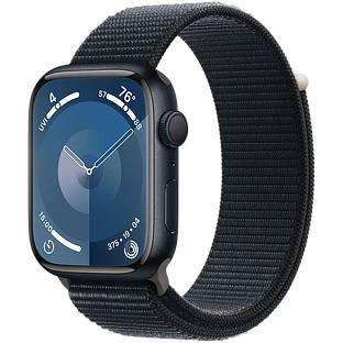 Apple Watch Series 9 GPS, 45 мм, корпус - темная ночь, спортивный нейлоновый ремешок черного цвета