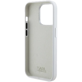 Lagerfeld для iPhone 15 Pro чехол Liquid silicone NFT Karl Ikonik metal pin Hard White