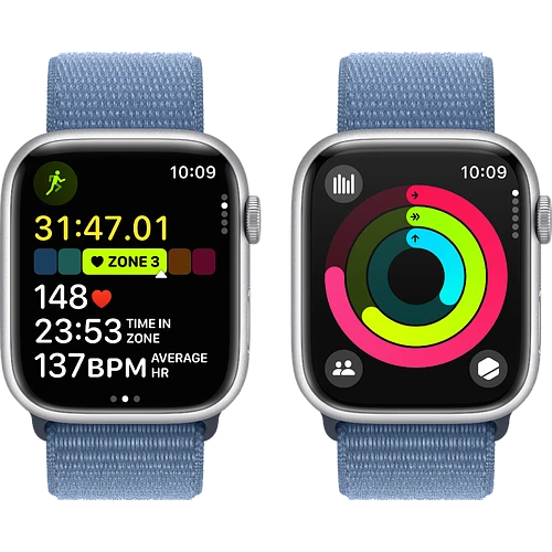 Apple Watch Series 9 GPS, 45 мм, корпус - серебристый, спортивный нейлоновый ремешок синего цвета