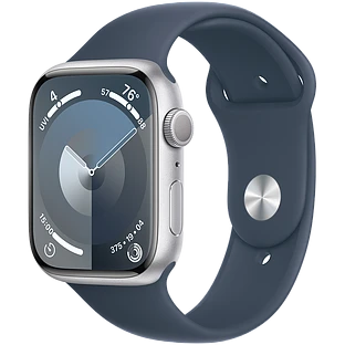 Apple Watch Series 9 GPS, 45 мм, корпус - серебристый, спортивный силиконовый ремешок синего цвета S/M