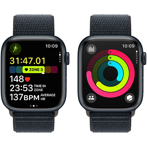 Apple Watch Series 9 GPS, 45 мм, корпус - темная ночь, спортивный нейлоновый ремешок черного цвета