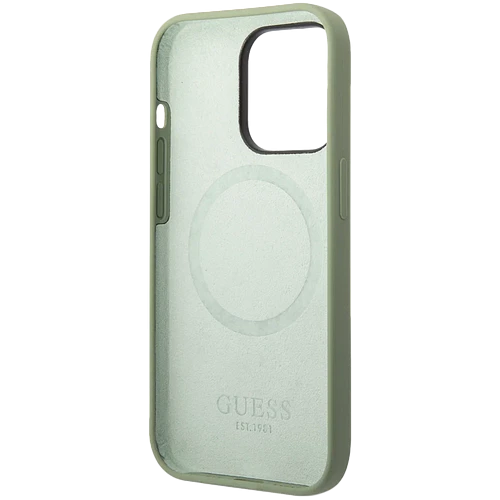 Guess для iPhone 14 Pro чехол MagSafe Liquid silicone Plate metal logo Hard Green