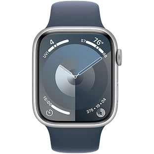 Apple Watch Series 9 GPS, 45 мм, корпус - серебристый, спортивный силиконовый ремешок синего цвета S/M