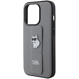 Чехол LAGERFELD GripStand PU Saffiano NFT Choupette metal Hard Серебристый для iPhone 15 Pro