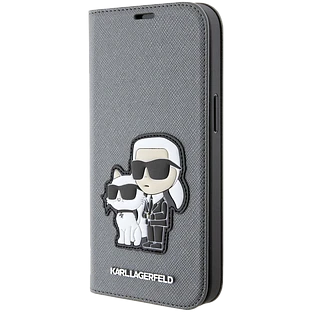 Lagerfeld для iPhone 13 Pro чехол PU Saffiano NFT Karl & Choupette Booktype Silver