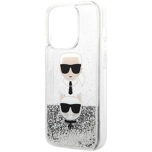 Lagerfeld для iPhone 14 Pro чехол Liquid Glitter Karl & Choupette heads Hard Silver
