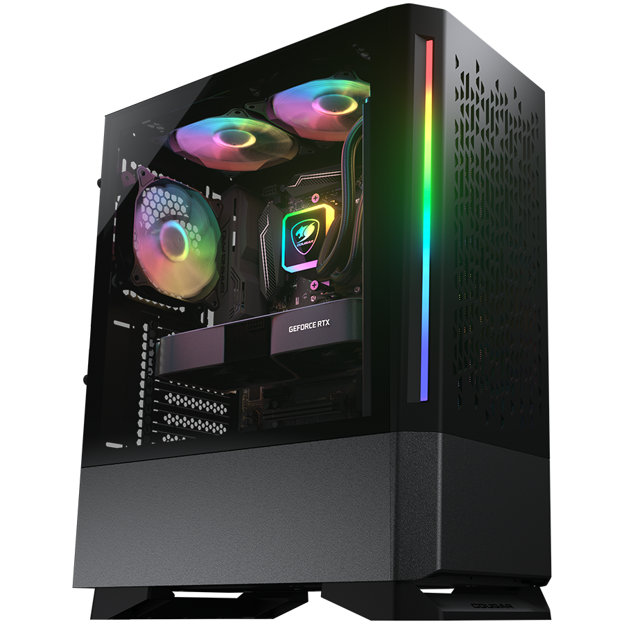 Корпус COUGAR GAMING Midi Tower,  ATX, 7 слотов, USB 2.0, Аудио разъем, USB 3.0, Защитное антивандальное закаленное стекло, Power Button, Reset Button, Светодиодный индикатор, PSU optional, Window, Поддержка системы жидкостного охлаждения, RGB LED, Вентил