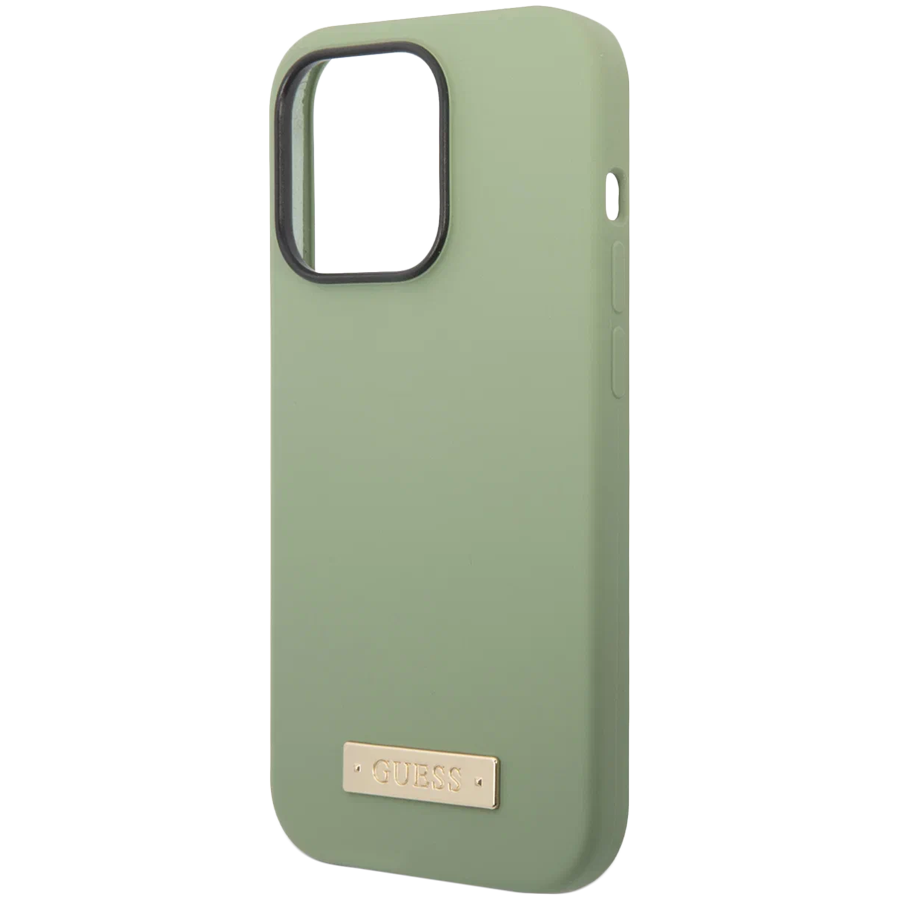 Guess для iPhone 14 Pro чехол MagSafe Liquid silicone Plate metal logo Hard Green