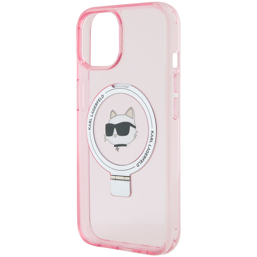 Lagerfeld для iPhone 15 чехол PC/TPU + Ring stand NFT Choupette head Hard Pink (MagSafe)