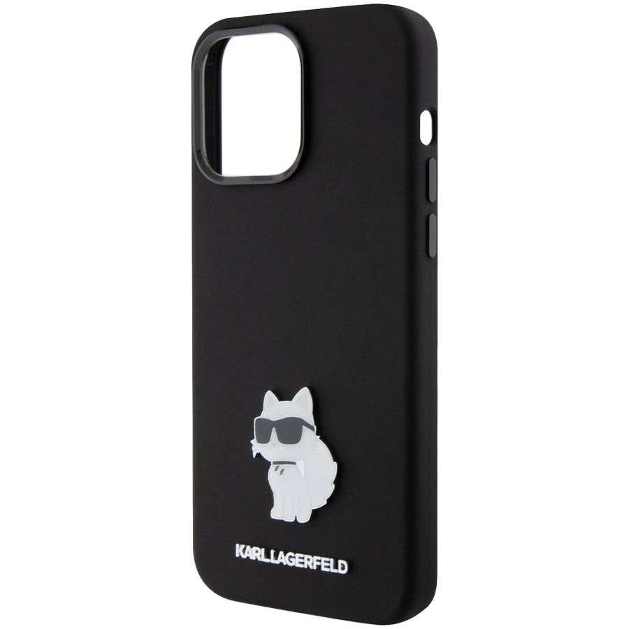 Чехол LAGERFELD Liquid silicone NFT Choupette metal pin Hard Чёрный для iPhone 15 Pro Max