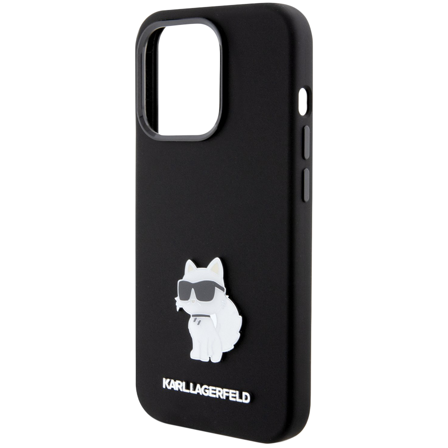 Lagerfeld для iPhone 15 Pro чехол Liquid silicone NFT Choupette metal pin Hard Black