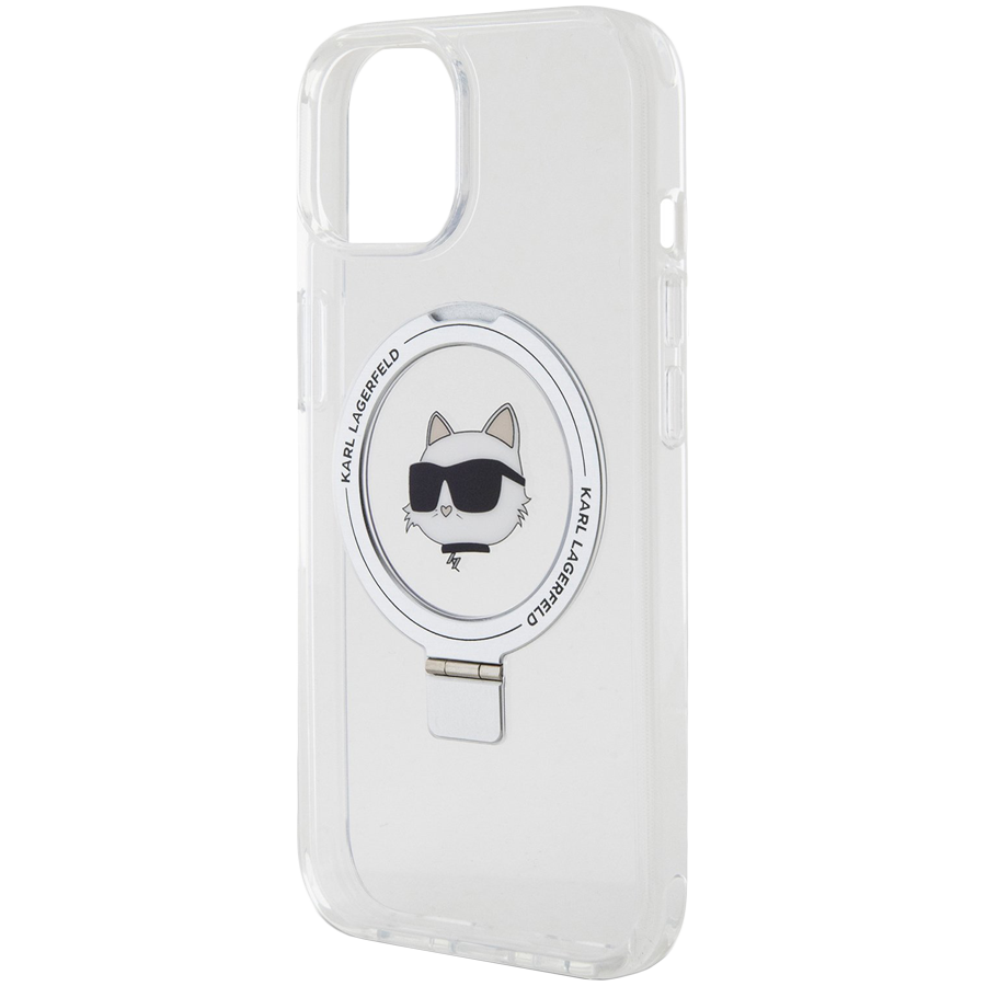 Lagerfeld для iPhone 15 чехол PC/TPU + Ring stand NFT Choupette head Hard Transp (MagSafe)