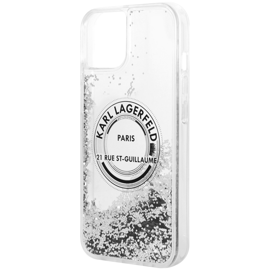 Чехол LAGERFELD Liquid Glitter RSG Round logo Hard Серебристый для iPhone 13