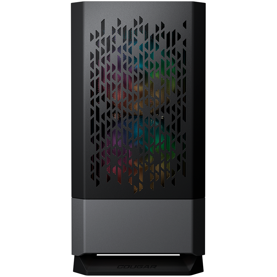 Корпус COUGAR GAMING Mini Tower,  Mini-ITX, 4 слотов, USB 2.0, Аудио разъем, USB 3.0, Защитное антивандальное закаленное стекло, Power Button, Reset Button, Светодиодный индикатор, PSU optional, Window, Поддержка системы жидкостного охлаждения, RGB LED, В