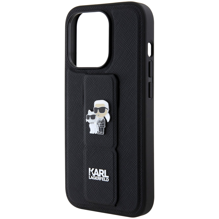 Чехол LAGERFELD GripStand PU Saffiano NFT Karl & Choupette metal Hard Чёрный для iPhone 15 Pro