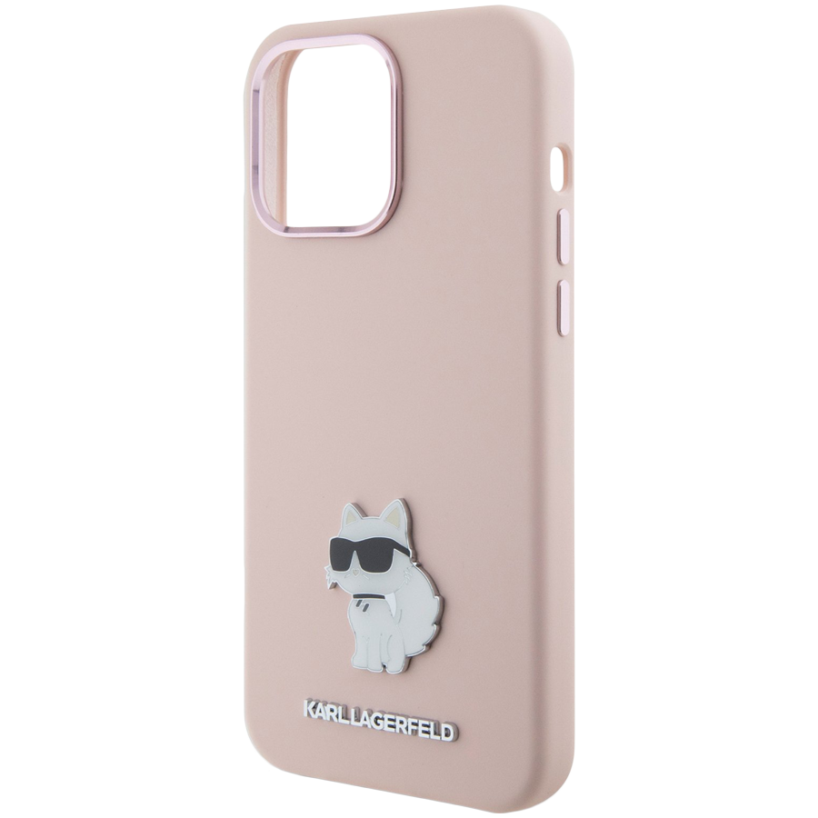Lagerfeld для iPhone 15 Pro чехол Liquid silicone NFT Choupette metal pin Hard Pink