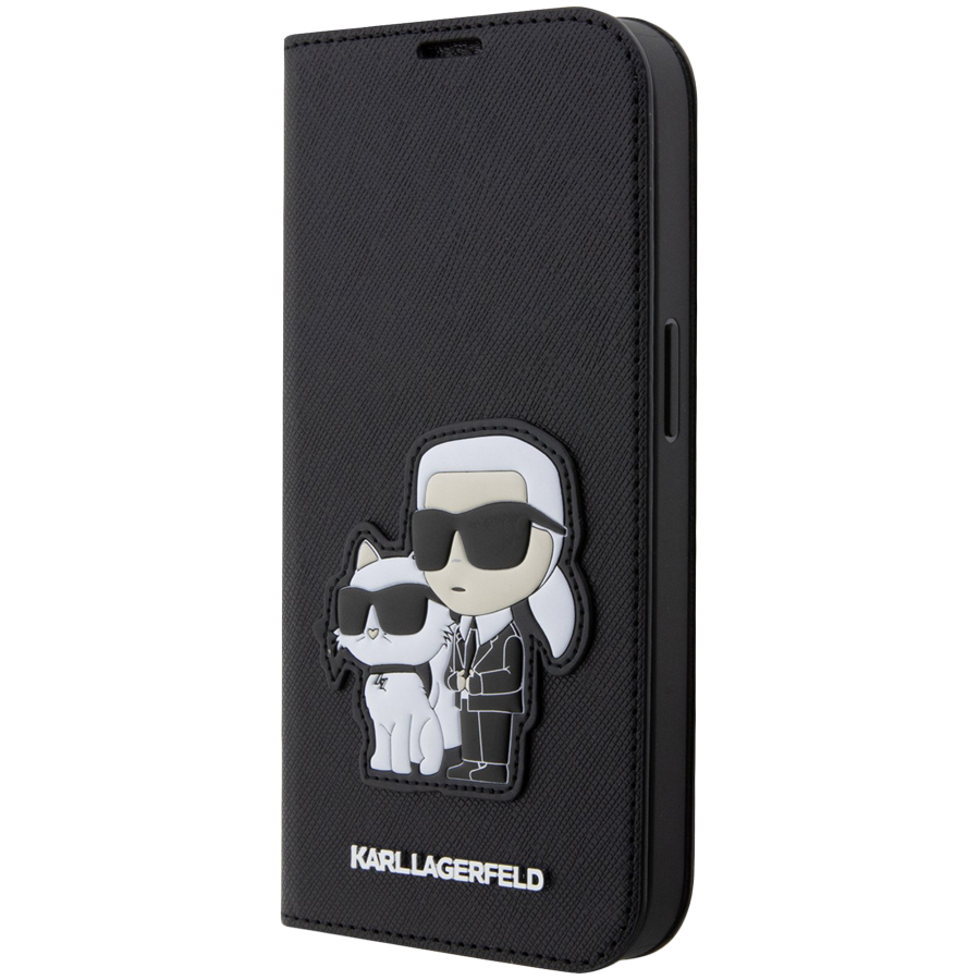 Lagerfeld для iPhone 13 Pro чехол PU Saffiano NFT Karl & Choupette Booktype Black