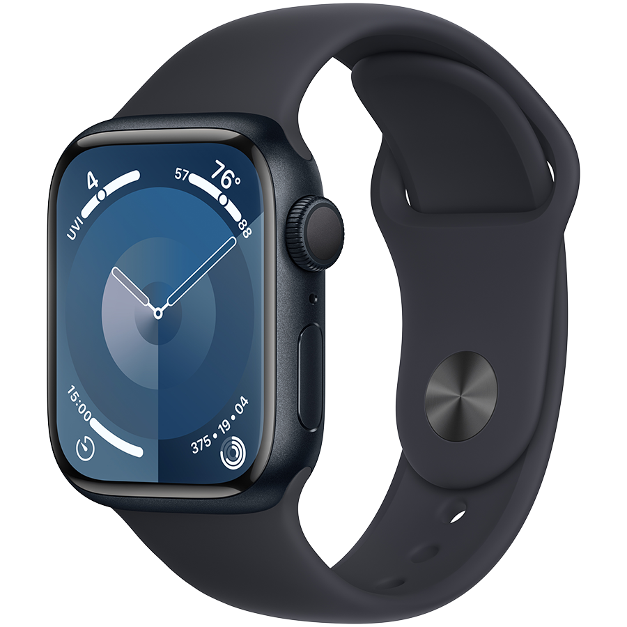 Apple Watch Series 9 GPS, 41 мм, корпус - темная ночь, спортивный силиконовый ремешок черного цвета M/L