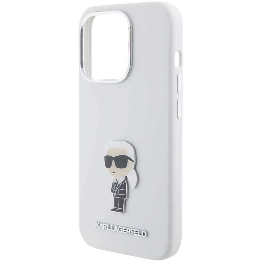 Lagerfeld для iPhone 15 Pro чехол Liquid silicone NFT Karl Ikonik metal pin Hard White