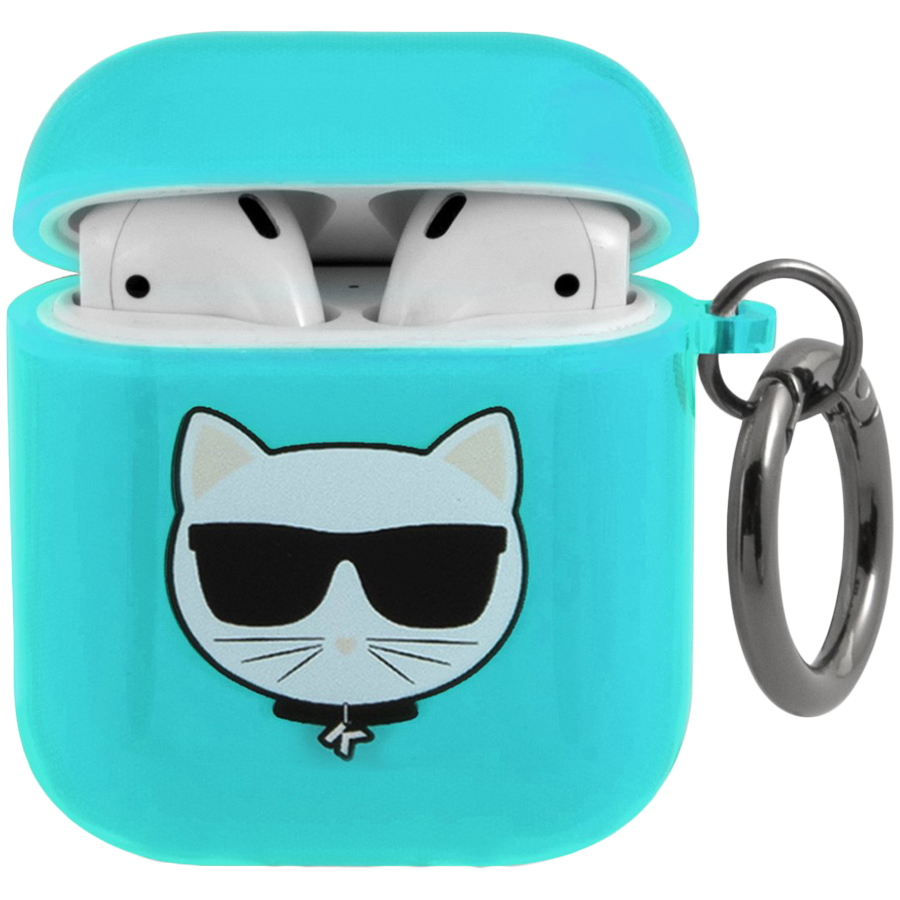 Чехол Lagerfeld для Airpods 1/2 TPU FLUO with ring Choupette Transp Blue