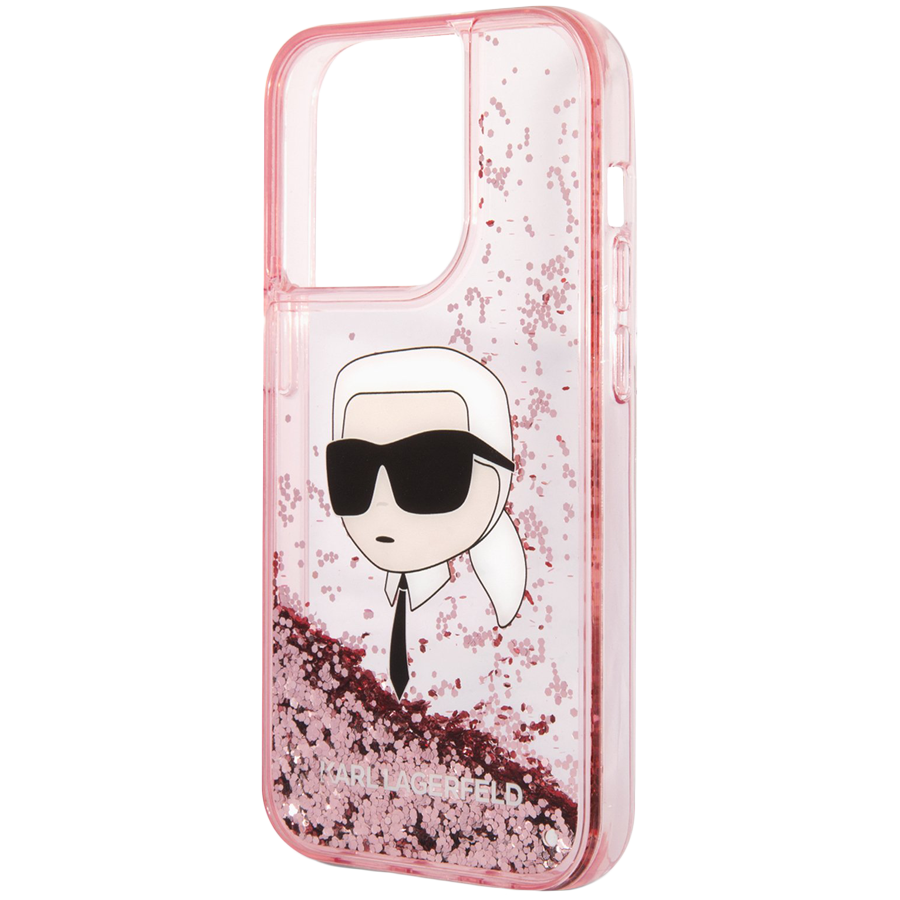 Lagerfeld для iPhone 14 Pro Max чехол Liquid Glitter NFT Choupette head Hard Pink