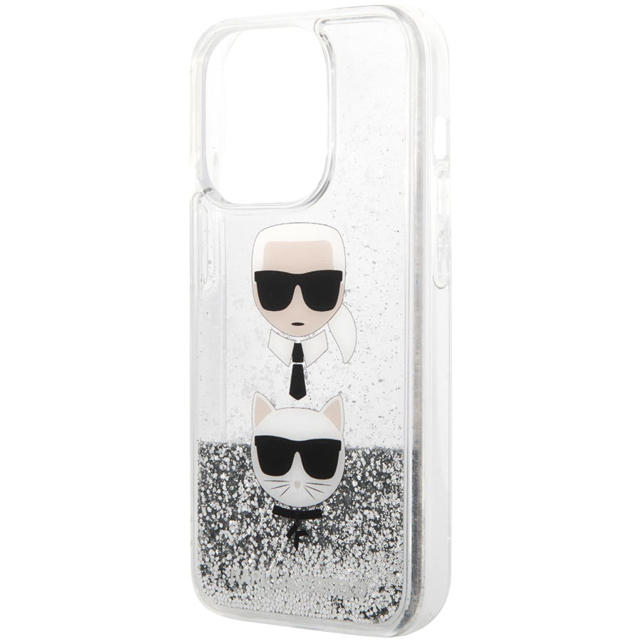Lagerfeld для iPhone 14 Pro чехол Liquid Glitter Karl & Choupette heads Hard Silver