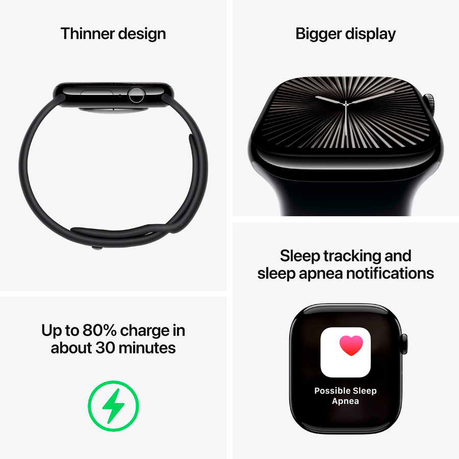 Apple Watch Series 10 GPS  Черный спортивный ремешок, M/L, 42мм, Оникс