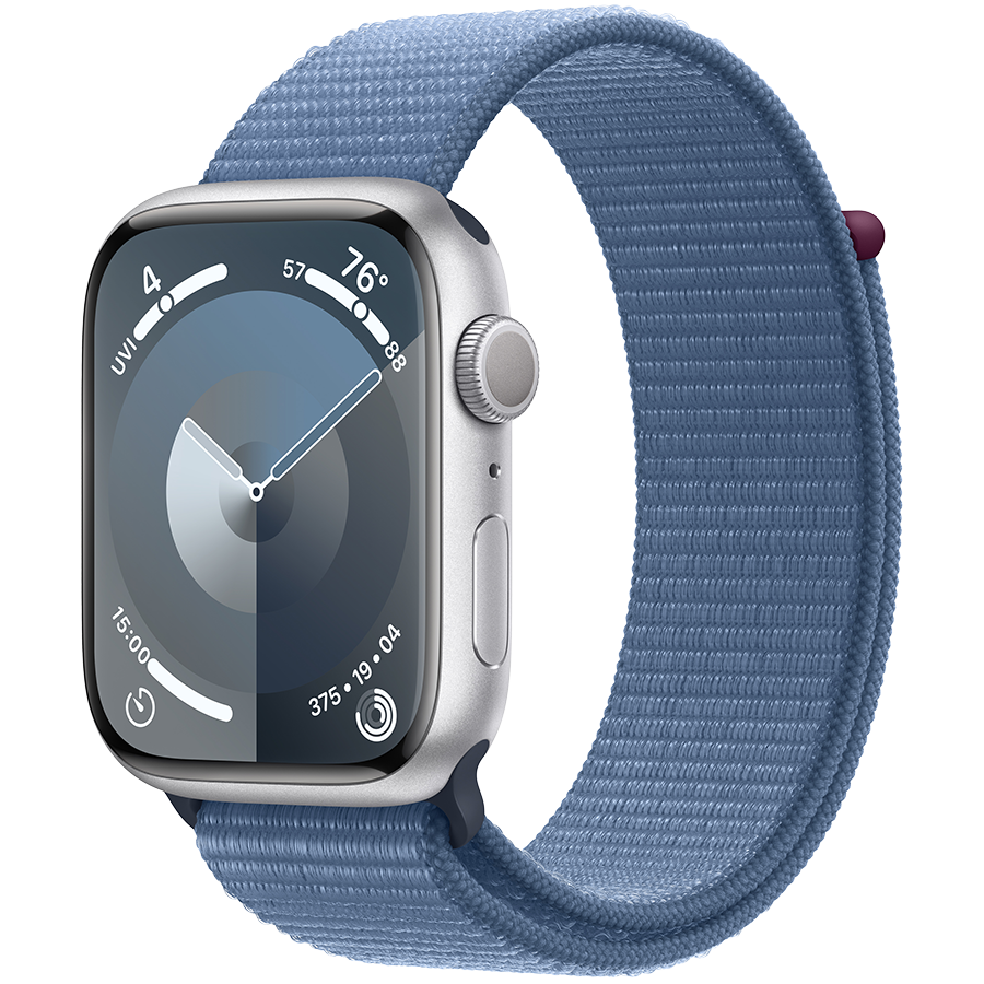 Apple Watch Series 9 GPS, 45 мм, корпус - серебристый, спортивный нейлоновый ремешок синего цвета